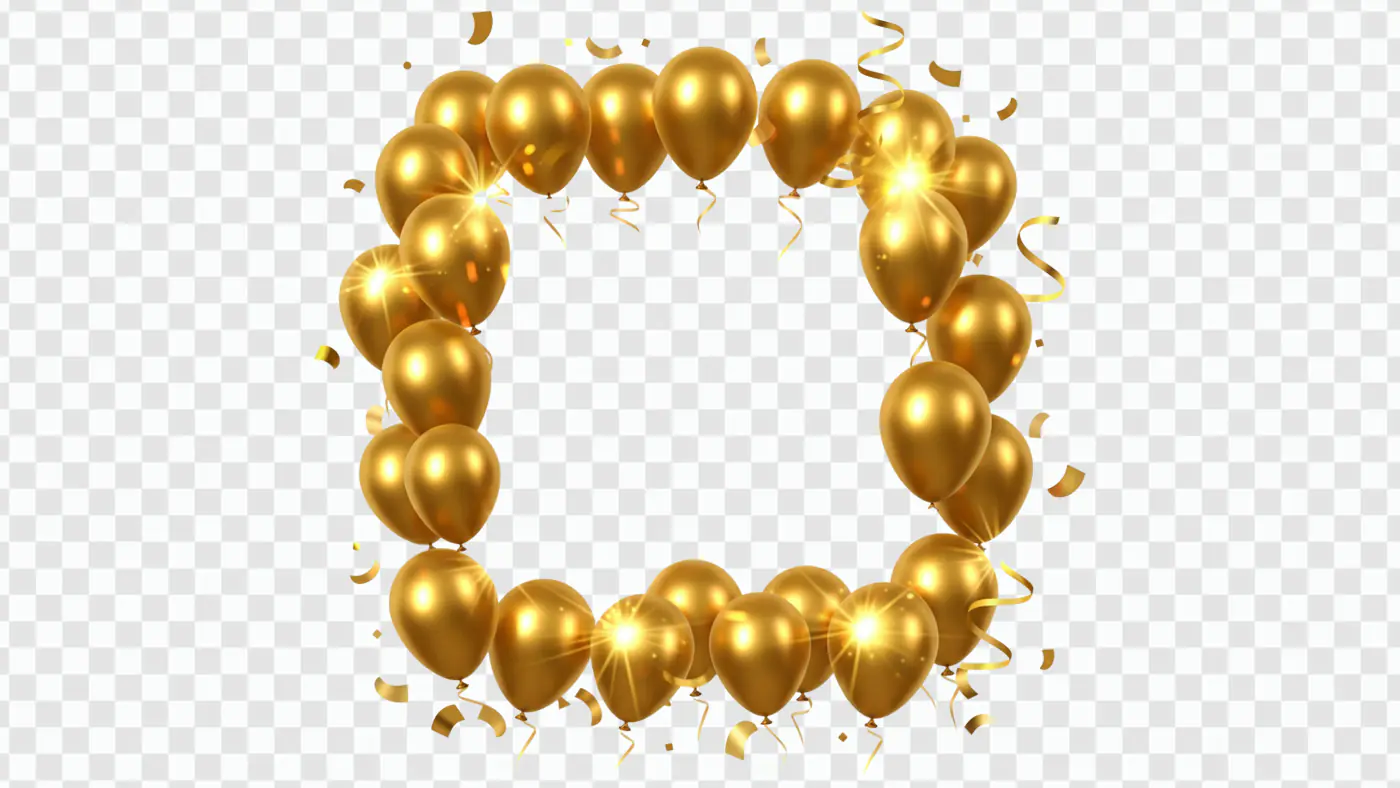 Golden Balloon Square Frame with Confetti PNG