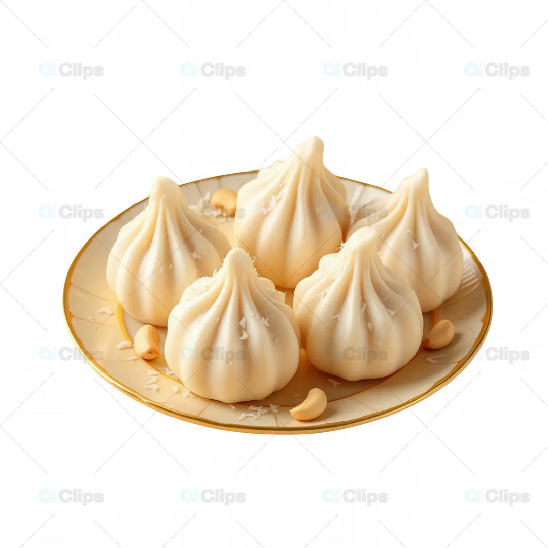 3D Modak Sweets on Golden Plate - Traditional Indian Delicacy Model