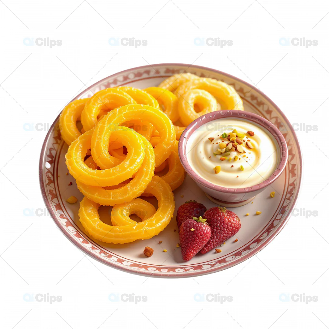 3D Mango Jalebi with Creamy Dip and Berries Plate