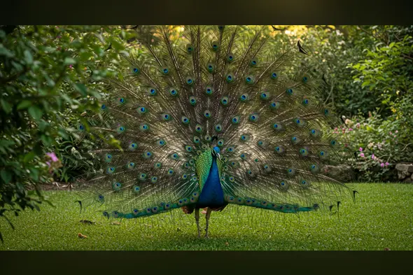 Peacock Displaying Vibrant Feathers in a Lush Garden Setting