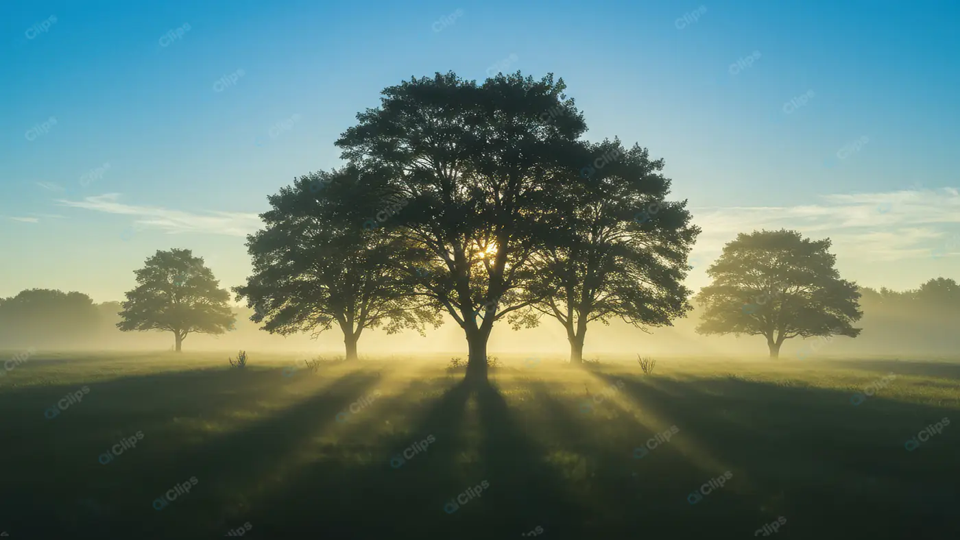 Misty Dawn Tree Silhouettes