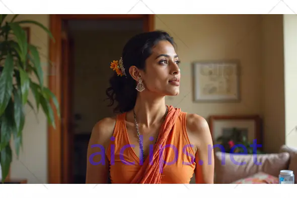 Elegant Woman in Traditional Attire at Home