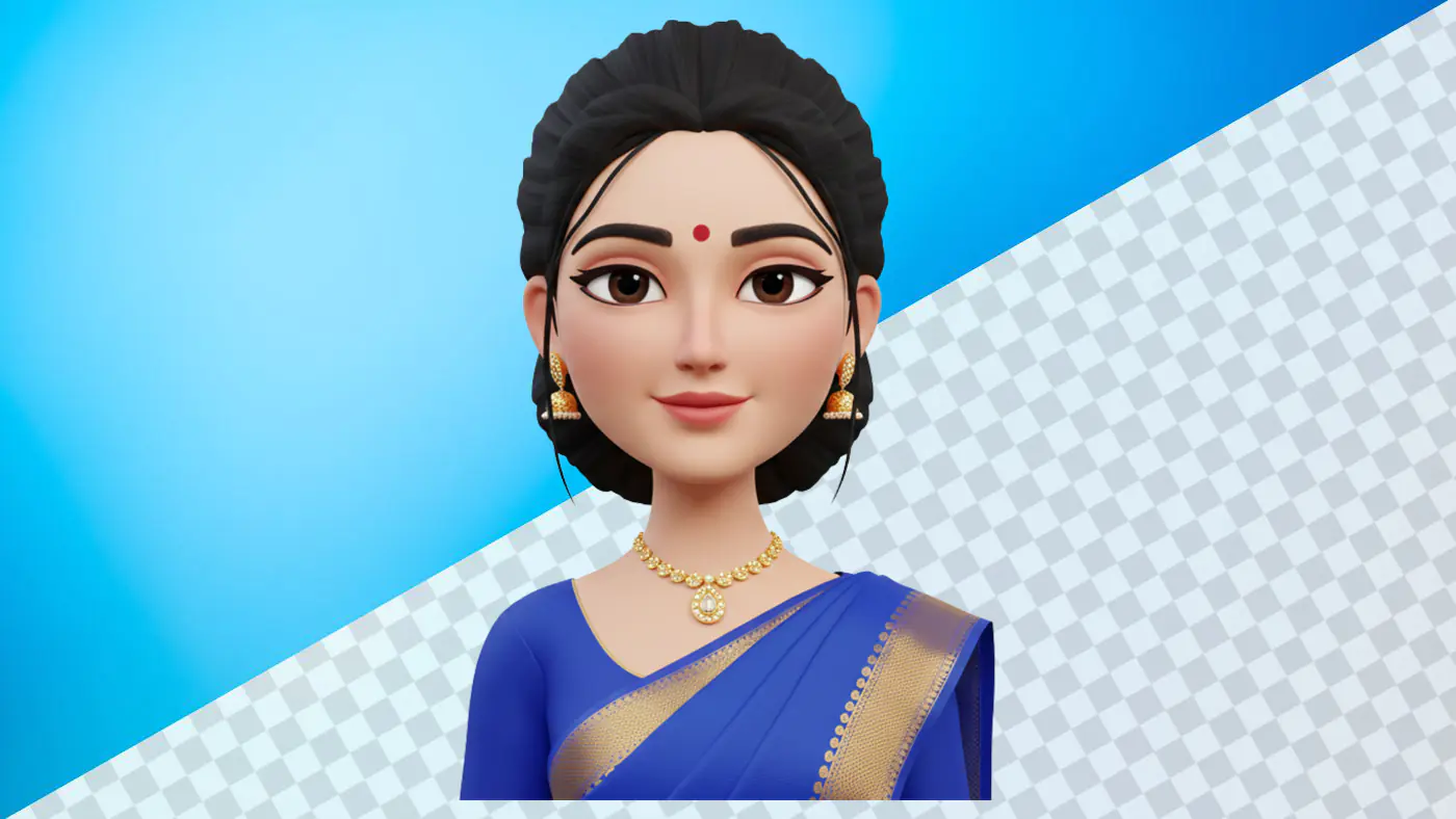 3D avatar Indian woman blue saree gold jewelry