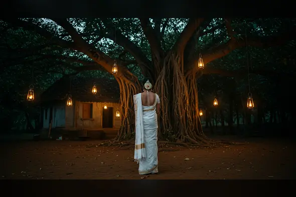 Traditional Indian Woman at Banyan Tree with Lanterns – Spiritual Village Backdrop