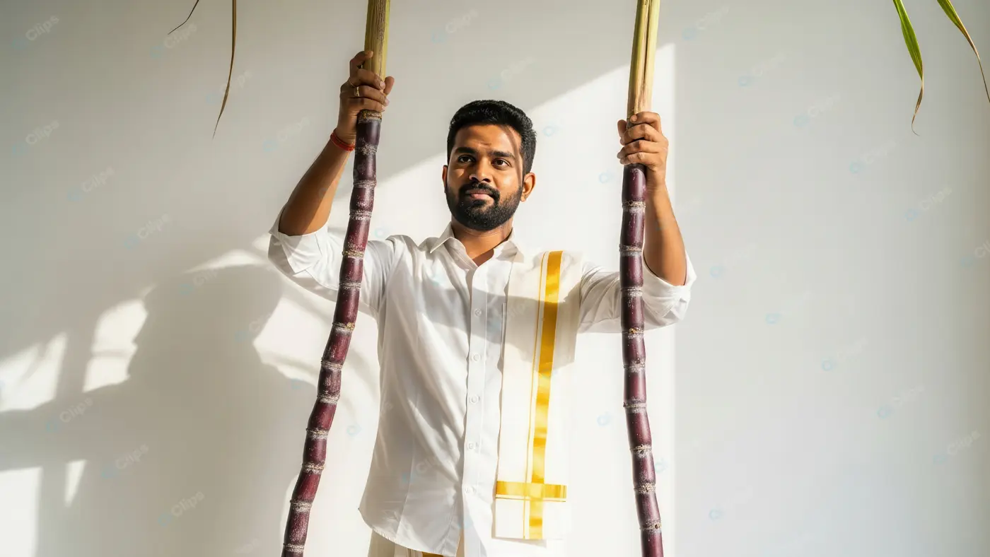 Man in Traditional Attire Holding Sugarcane