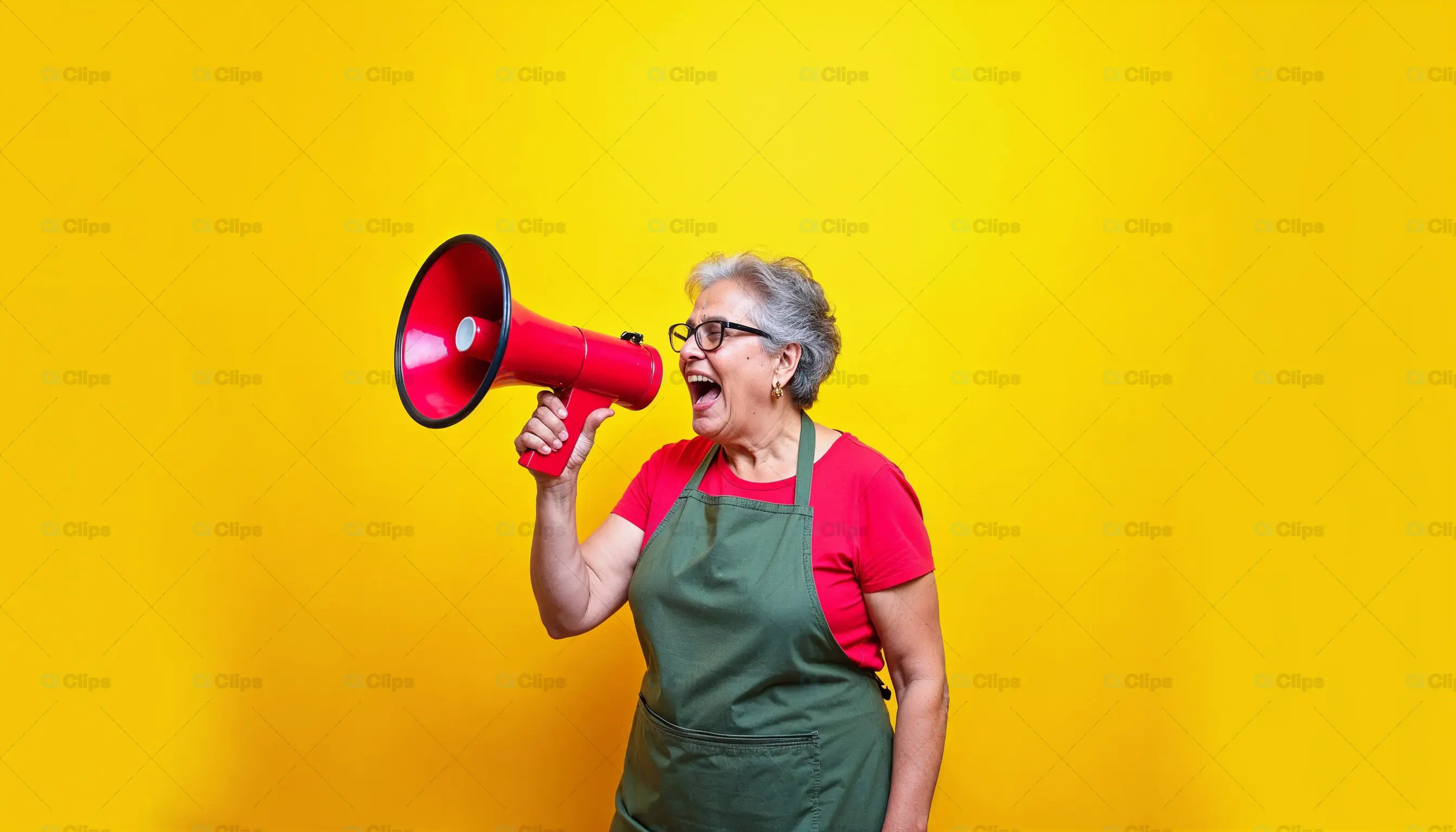 Senior Woman with Megaphone on Yellow Background