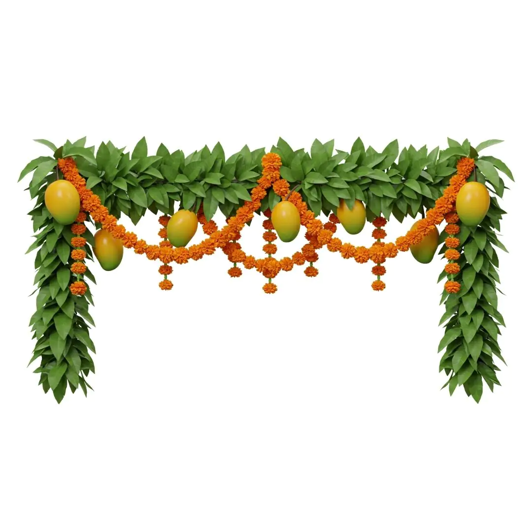 Mango leaf toran with marigold garland decoration