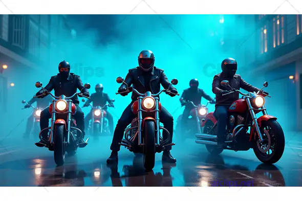 Night Ride – Biker Group on Motorcycles in Urban Fog