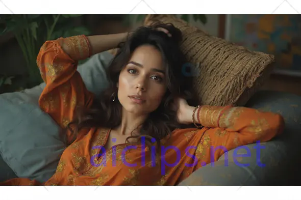 Woman Relaxing on Sofa in Traditional Orange Dress