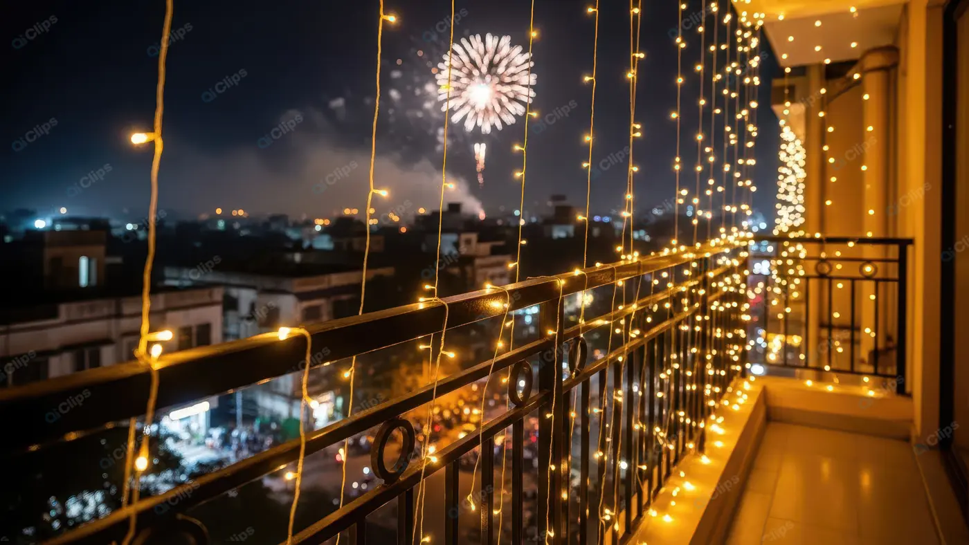 Festive Balcony Overlooking City Lights