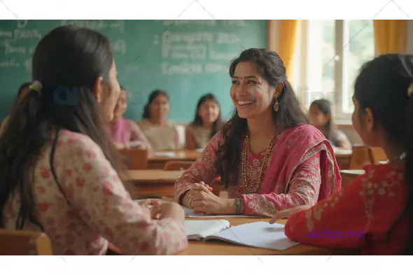 Smiling Indian Teacher Engaging with Students in Classroom