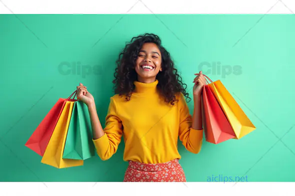 Joyful Woman with Colorful Shopping Bags on a Green Background