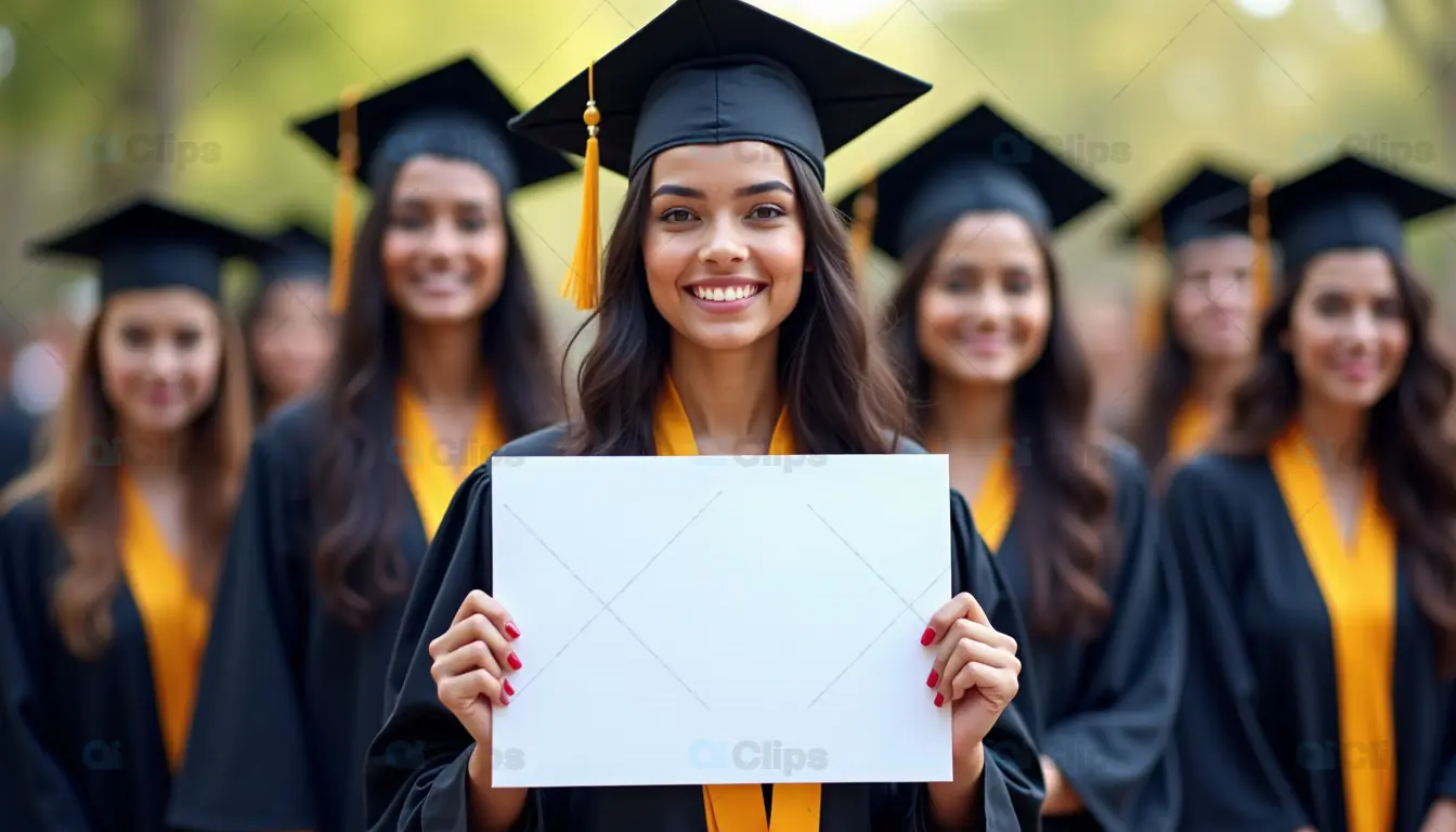 Graduation Ceremony with Student Holding Blank Sign