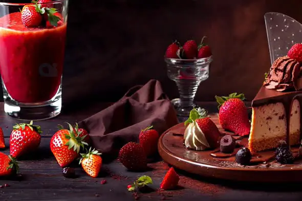Decadent Strawberry Dessert with Chocolate Cake and Fresh Juice