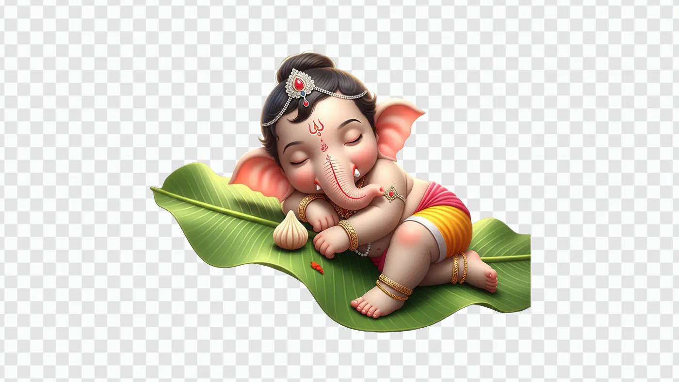 Sleeping Baby Ganesha on Banana Leaf PNG Clipart