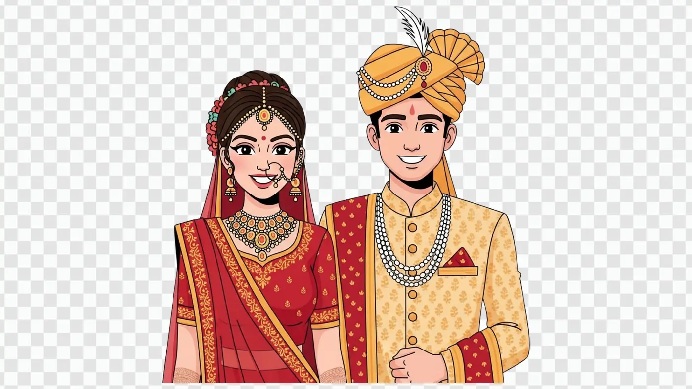Smiling Indian Wedding Couple in Festive Attire Clipart PNG