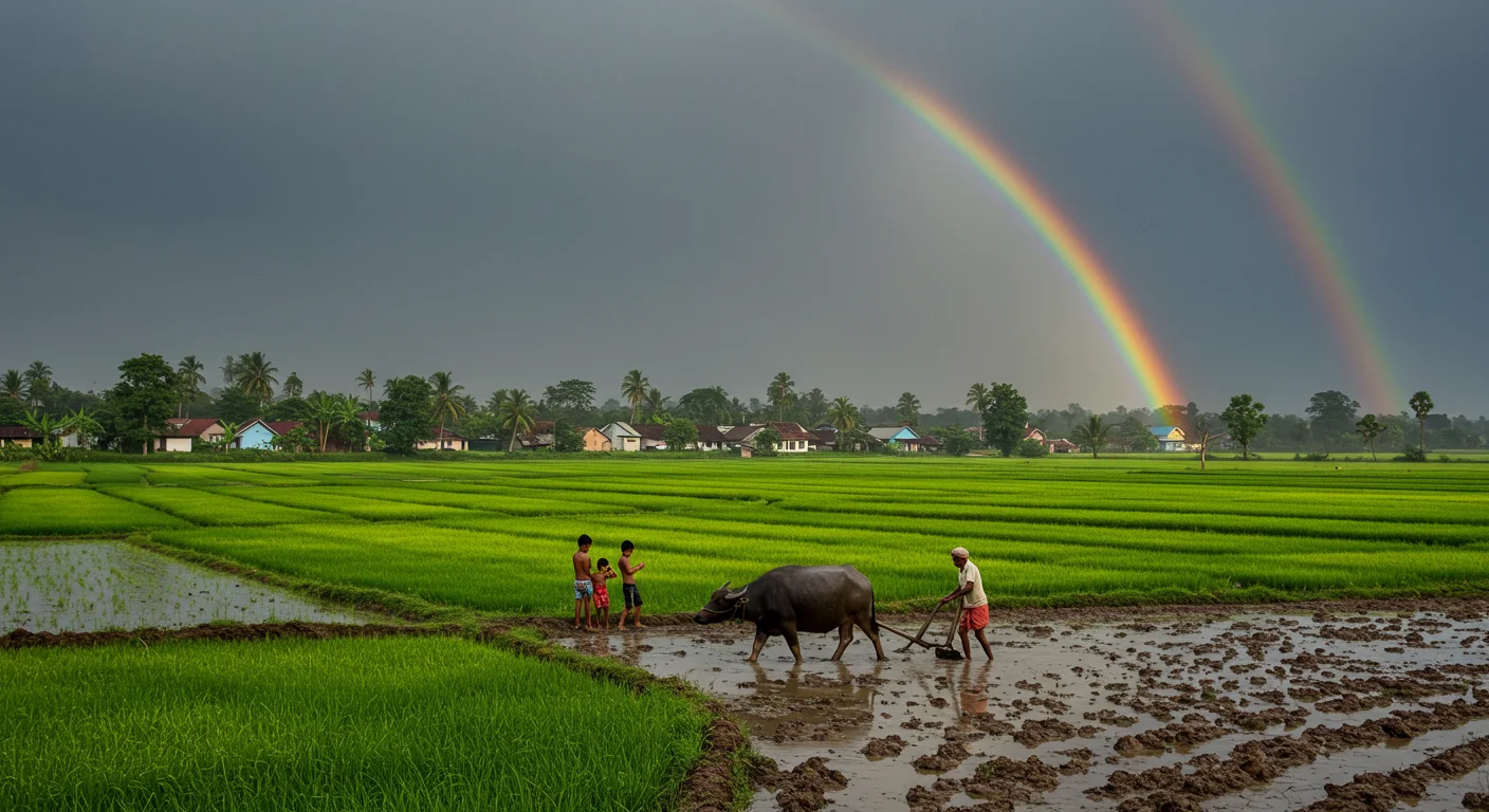 Indian Farmer with Buffalo Under Double Rainbow in Paddy Fields