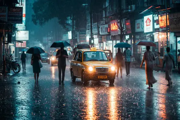 Yellow Kolkata Taxi on Rainy Indian Street with Umbrellas and Neon Lights