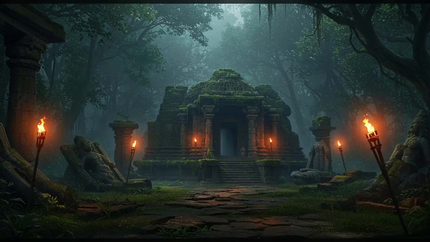 Ancient Temple Entrance in Jungle – Mossy Stone Architecture with Fire Torches