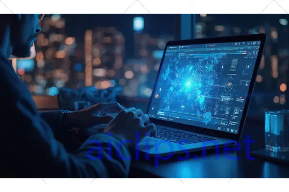 Man Analyzing Digital Data on Laptop at Night