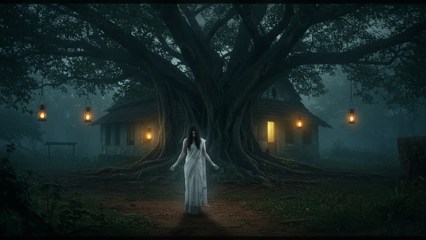 Horror Scene of Indian Woman in White Saree under Haunted Banyan Tree – Dark Folklore Forest