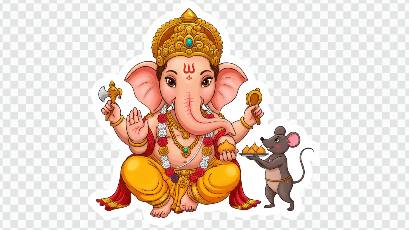 Ganesha with Devoted Mouse Offering Sweets PNG