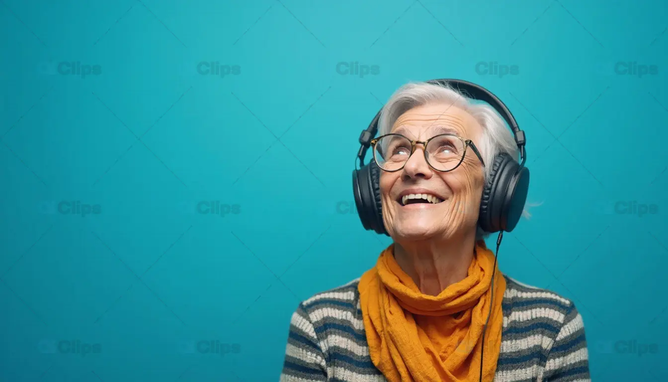 Happy Elderly Woman Listening to Music on Headphones