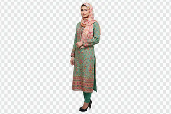 Elegant Woman in Traditional Floral Salwar Kameez PNG
