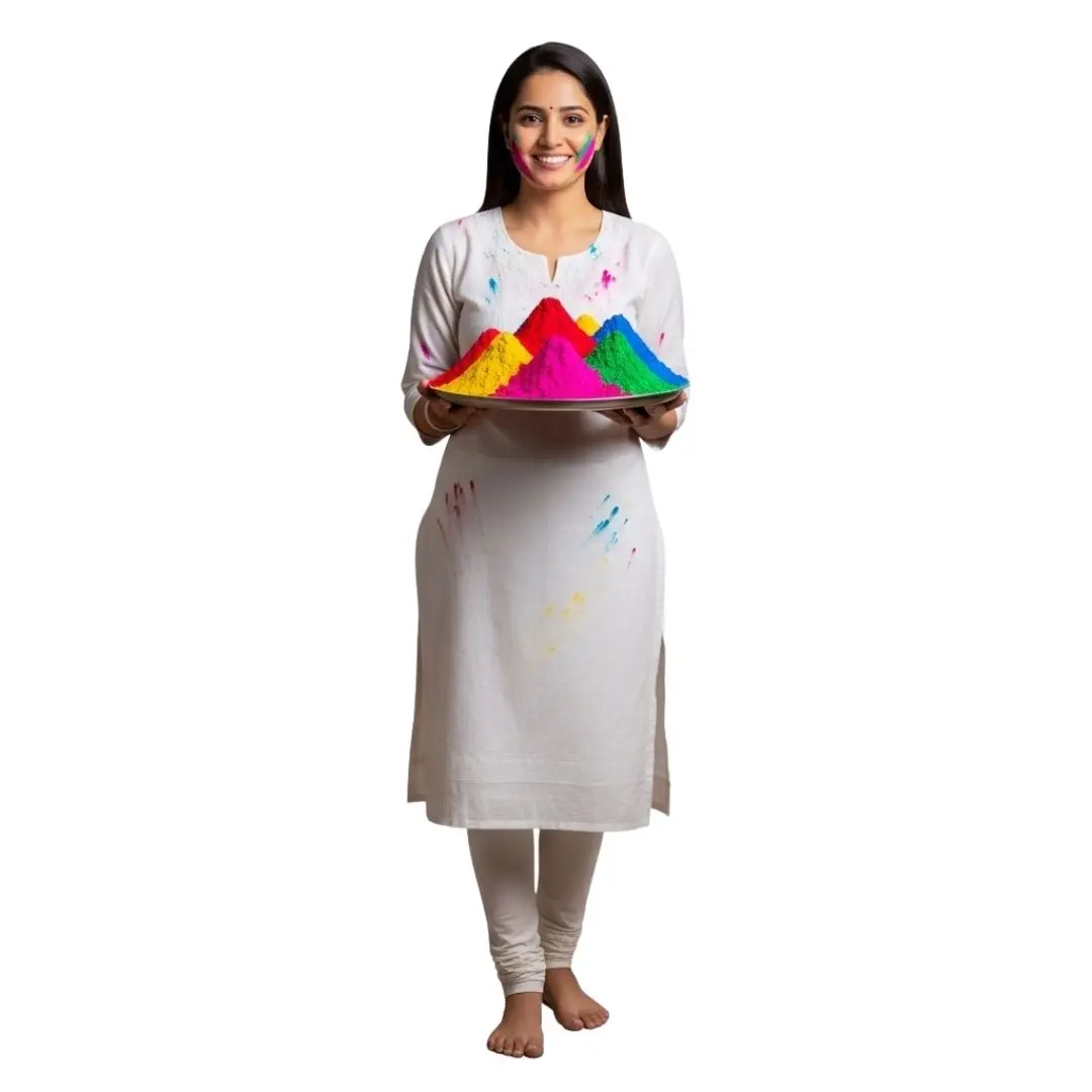 Joyful Indian Woman with Holi Festival Colors PNG