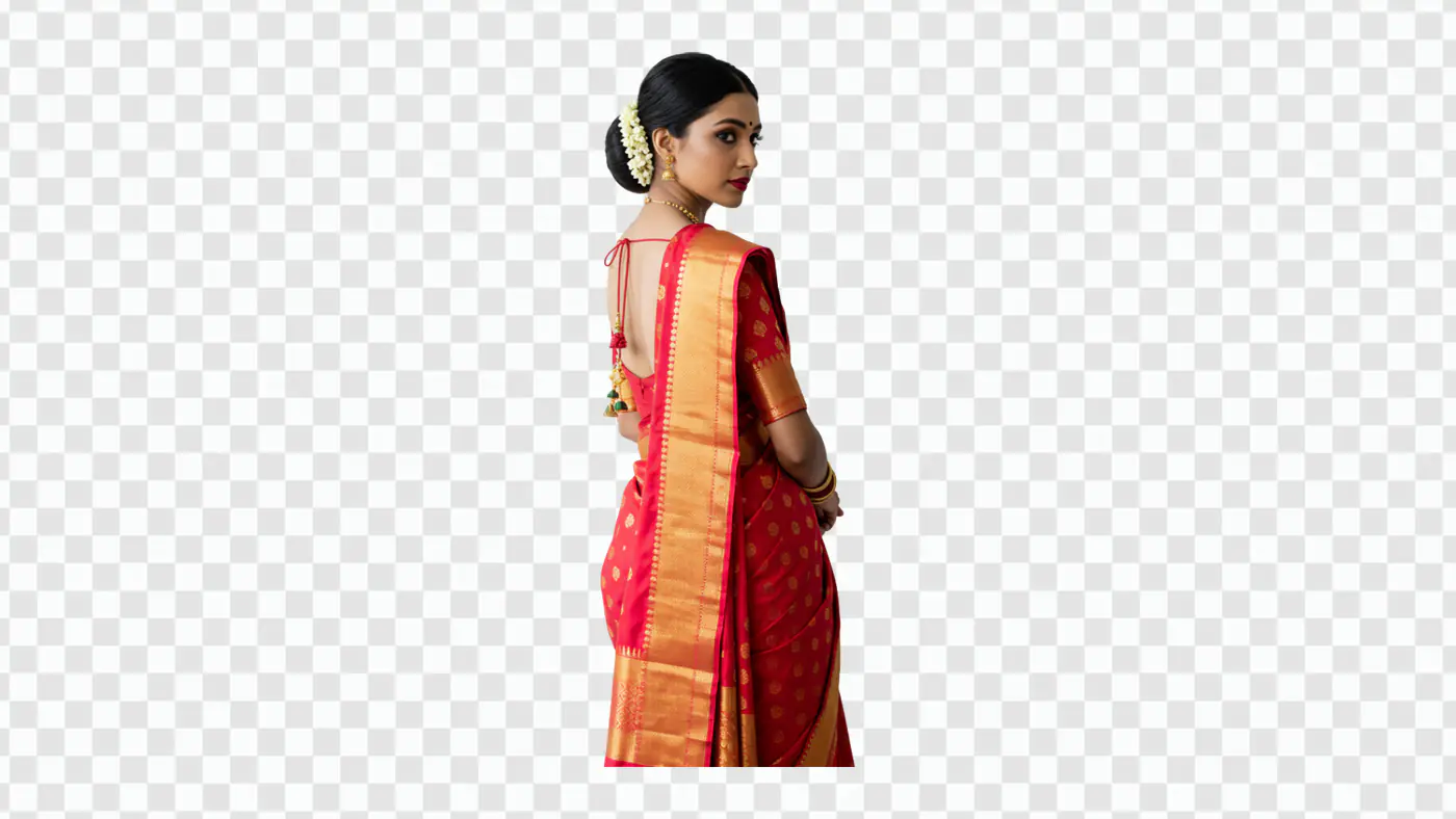 Elegant Woman in Red Gold Saree PNG