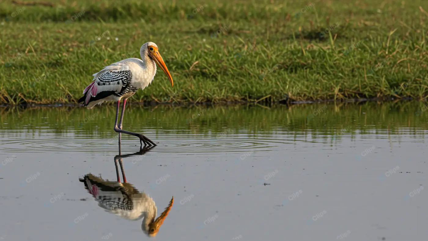 Solitary Painted Stork in Serene Wetland