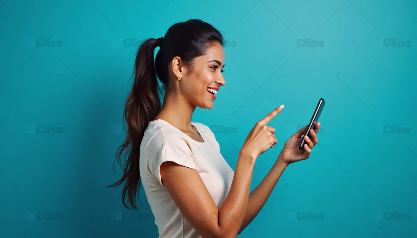 Happy Woman Pointing at Smartphone Screen