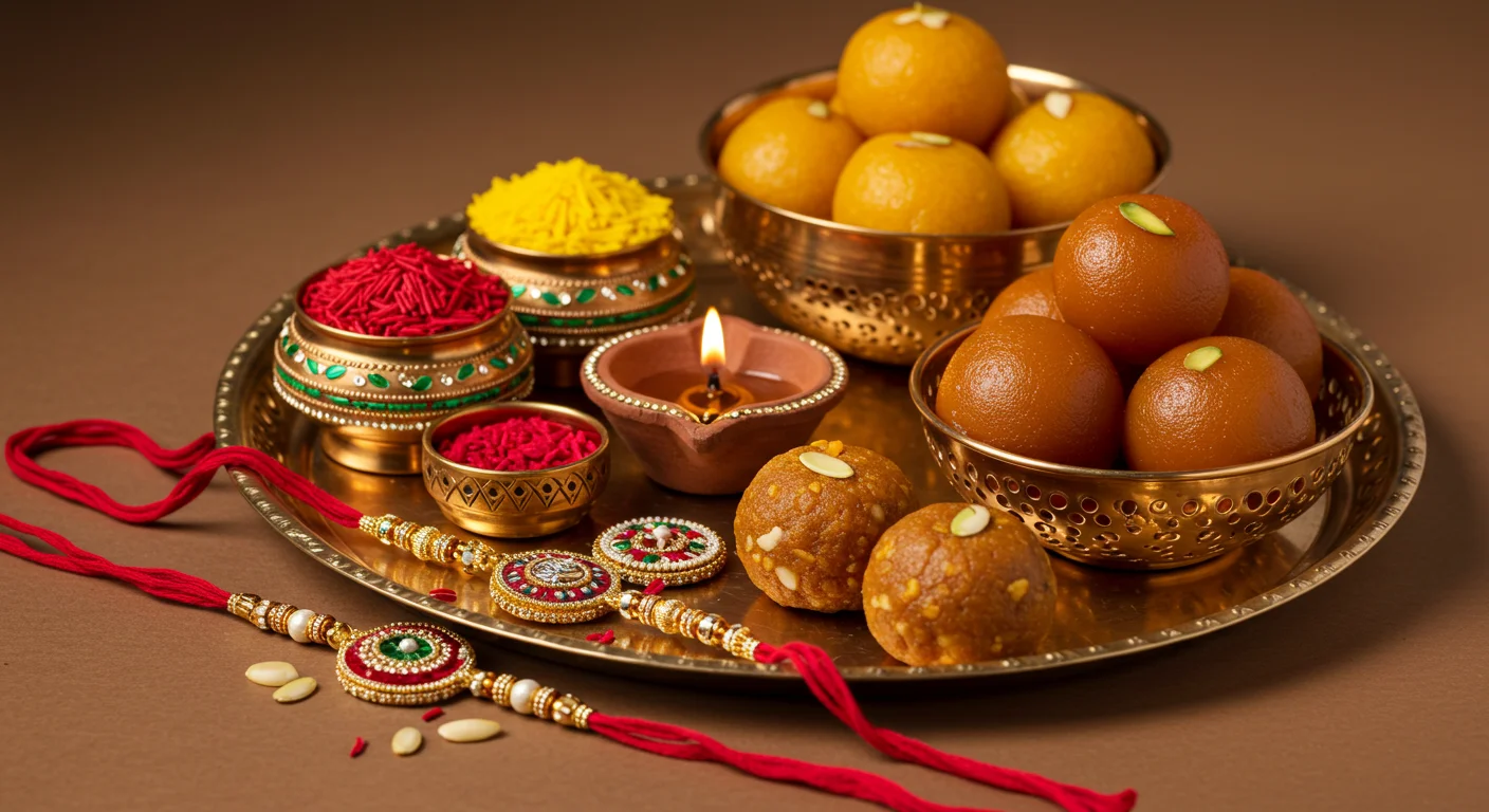 Traditional Raksha Bandhan Thali with Sweets, Rakhis & Diya | AIClips Indian Festival Decor