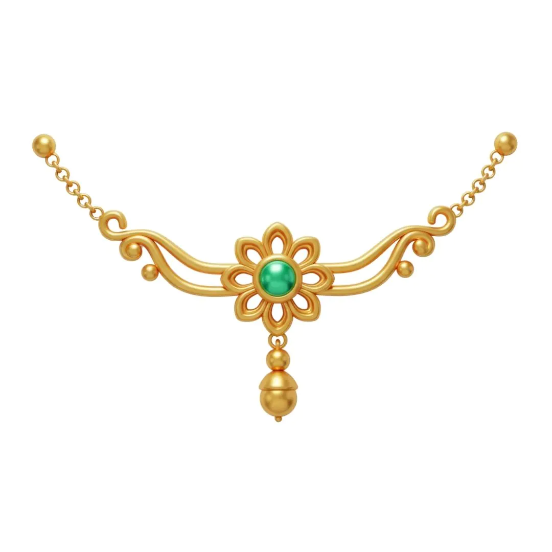 Golden floral necklace with emerald green gemstone