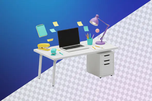 Modern workspace setup with laptop and office supplies