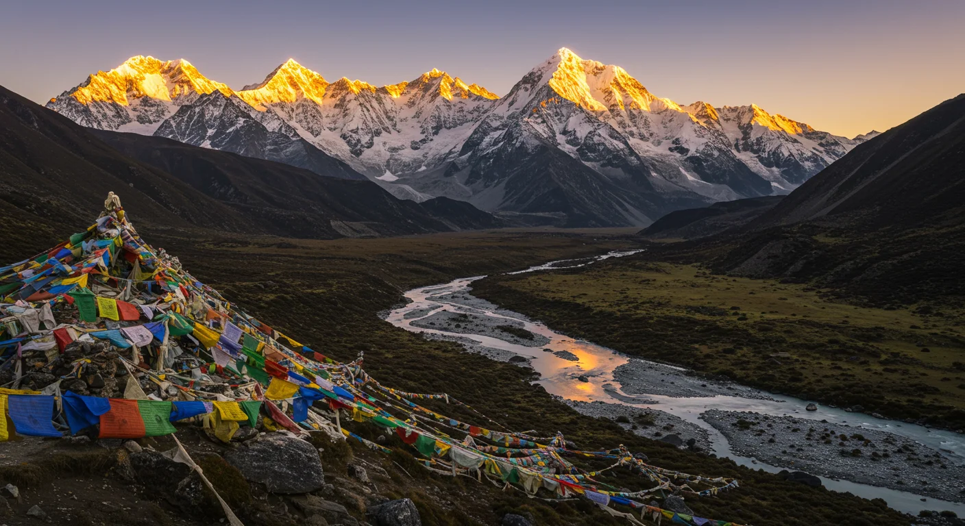Golden Sunrise Reflections in a Himalayan Valley with Prayer Flags