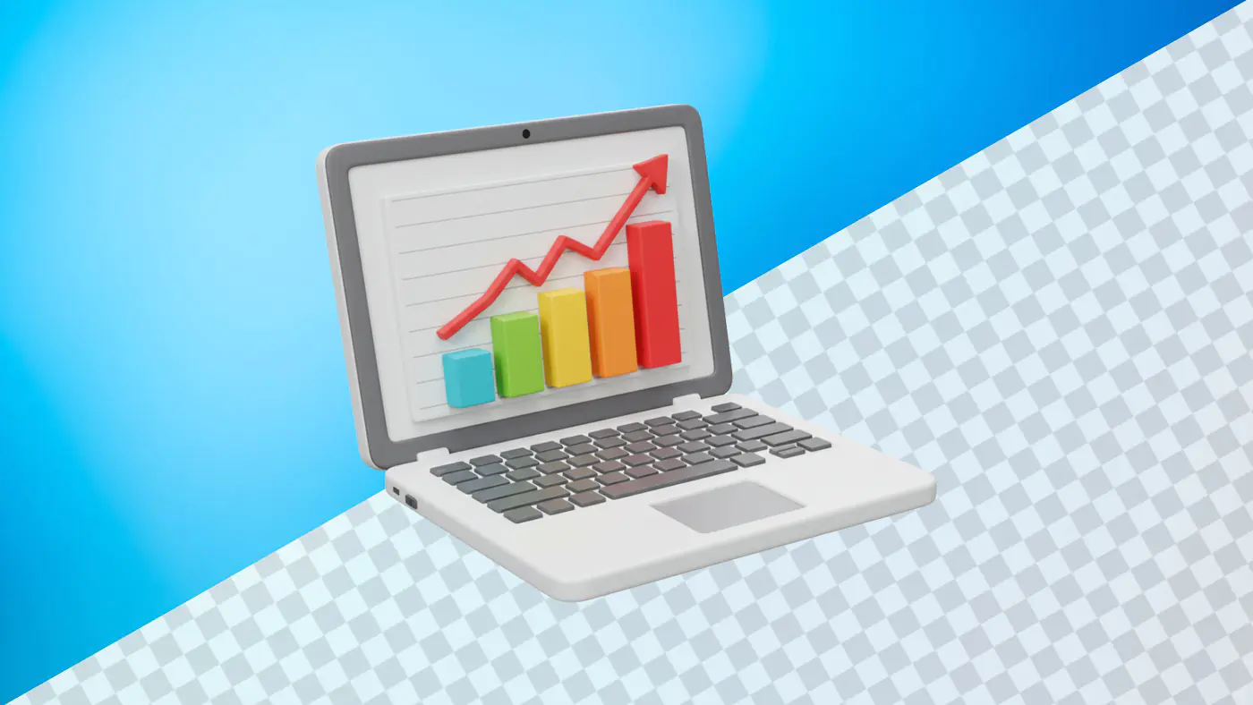 Laptop displaying colorful growth chart with upward arrow