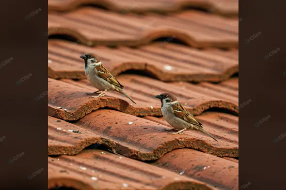Sparrows on Terracotta Rooftop
