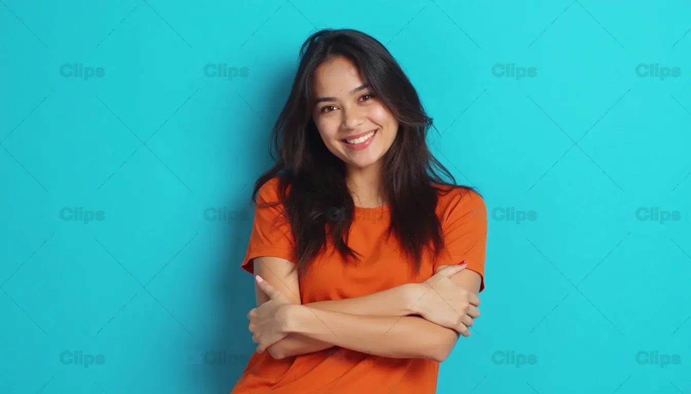 Smiling Woman in Orange T-Shirt on Blue Background