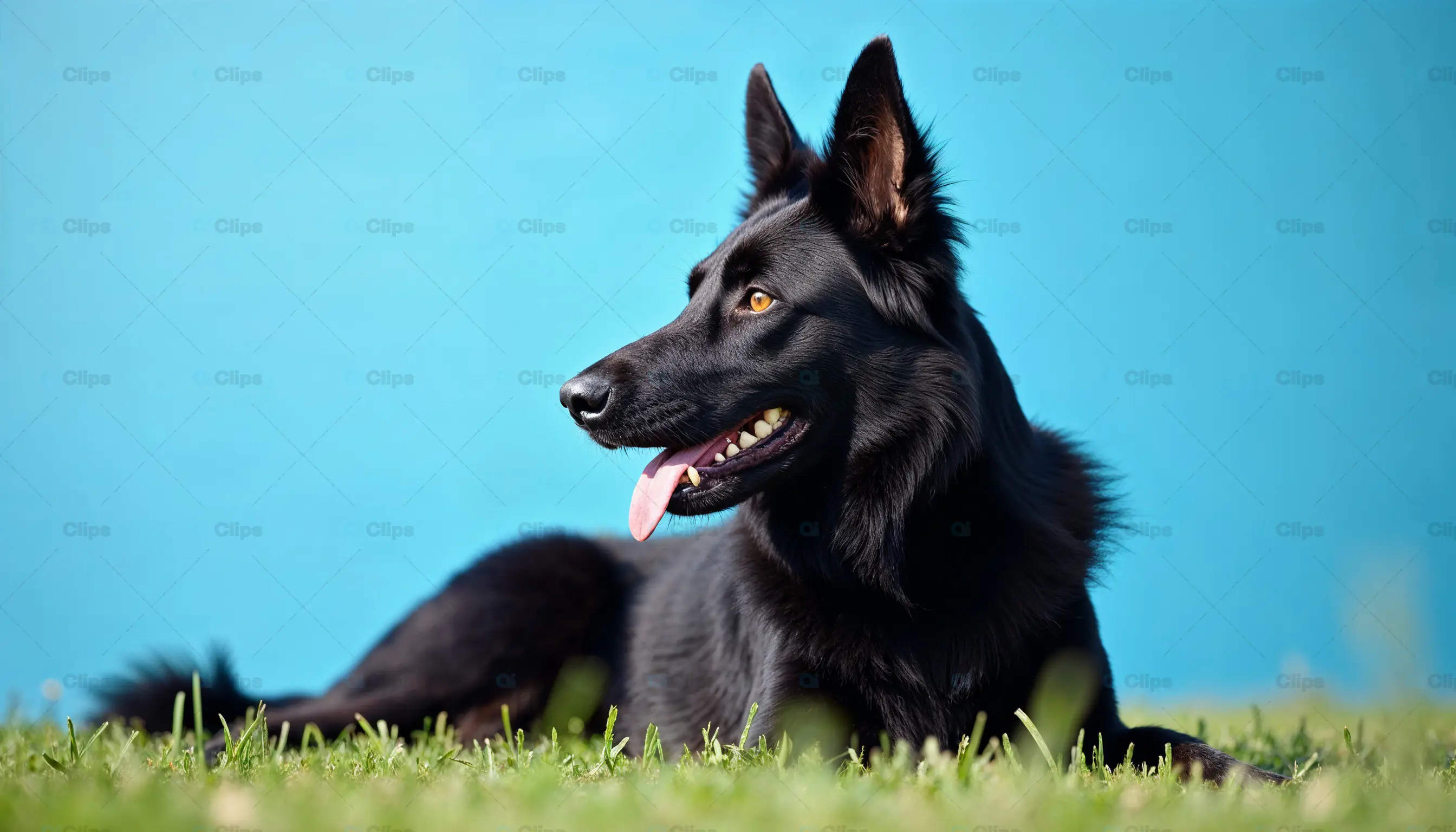 Black German Shepherd Against Blue Background