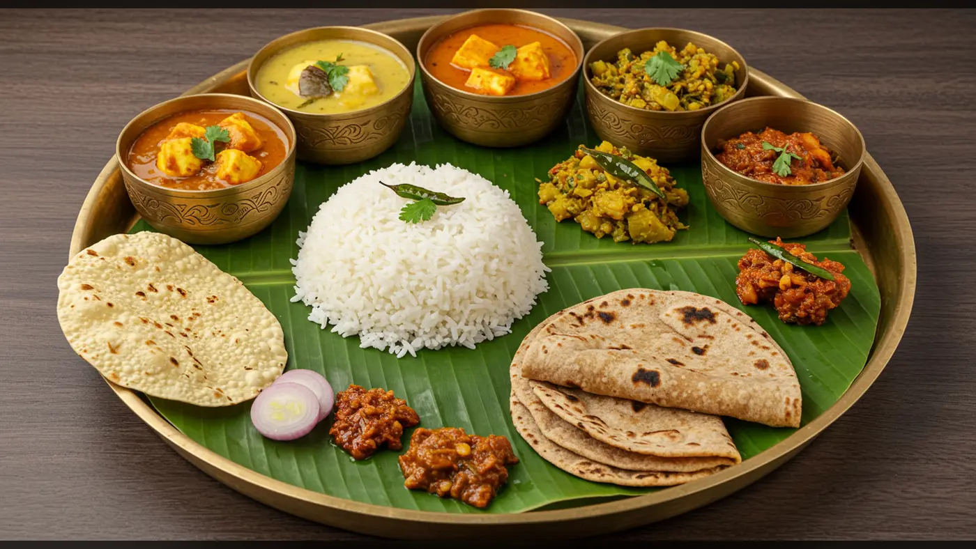 Traditional Indian Thali on Banana Leaf | South Indian Brass Plate Meal | AIClips