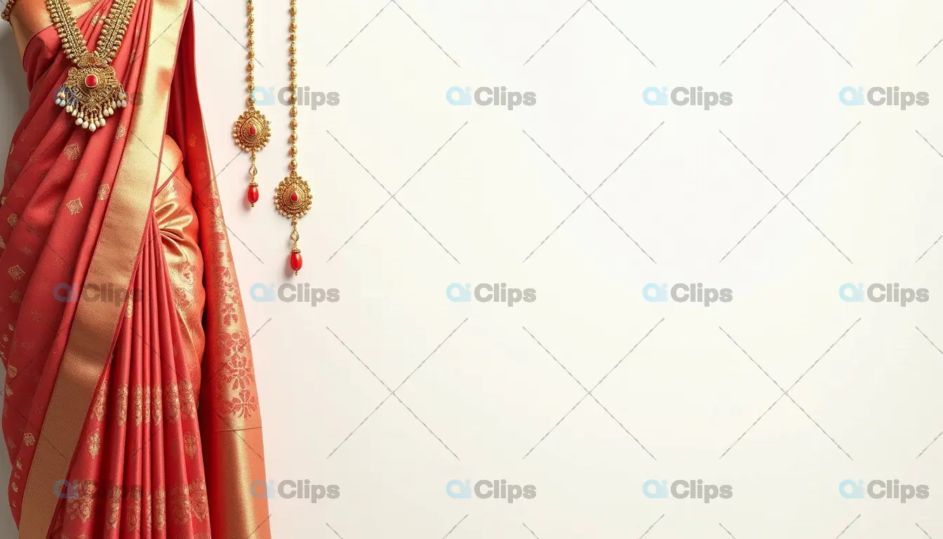 Elegant Red Silk Saree with Gold Embroidery and Traditional Jewelry