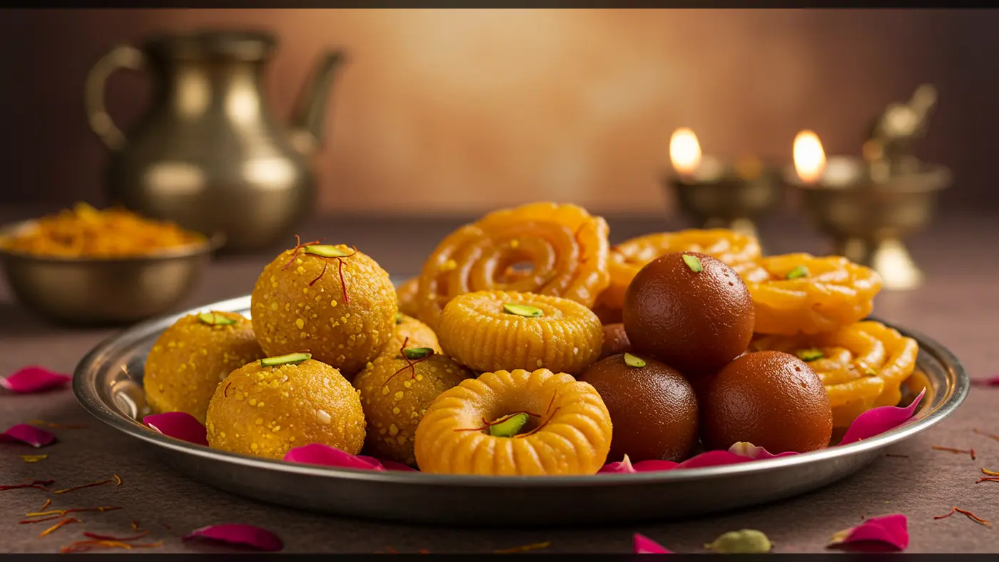 Indian Sweet Platter with Gulab Jamun, Ladoo & Jalebi | AIClips