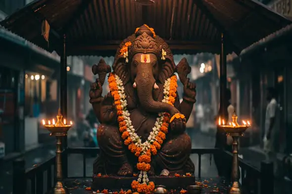 Traditional Lord Ganesha Idol Decorated with Marigolds in an Indian Street Shrine