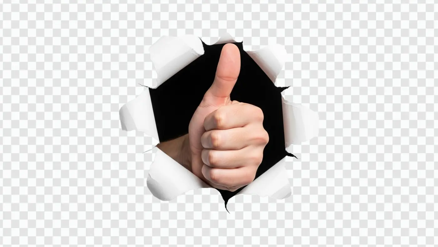 Hand Thumbs Up Ripping Through White Paper PNG