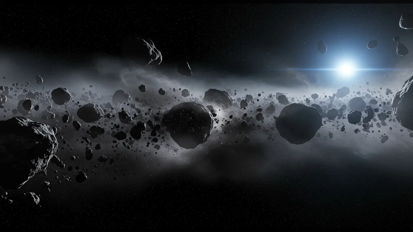 Dark Asteroid Belt with Distant Starburst – Deep Space Sci-Fi Background