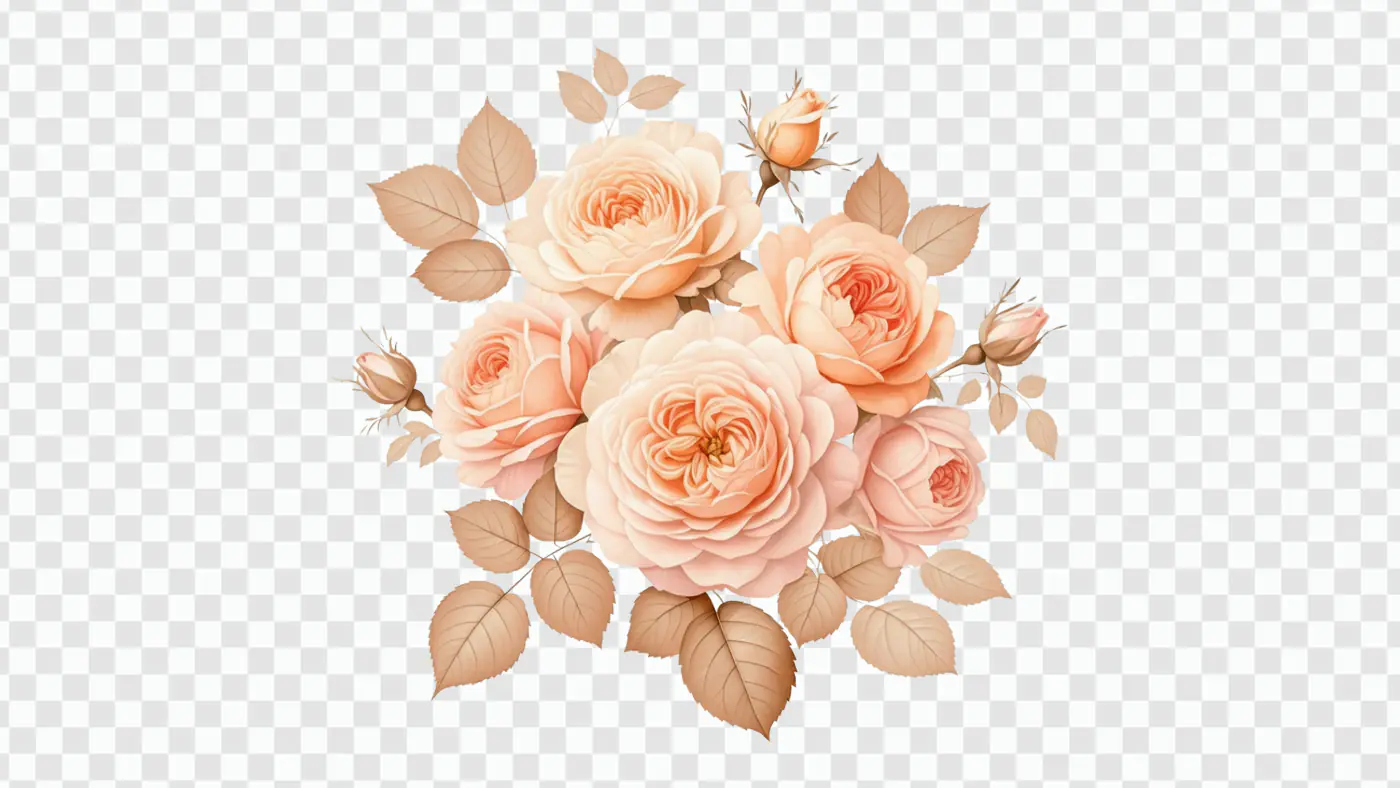 Peach Roses Bouquet with Brown Leaves PNG