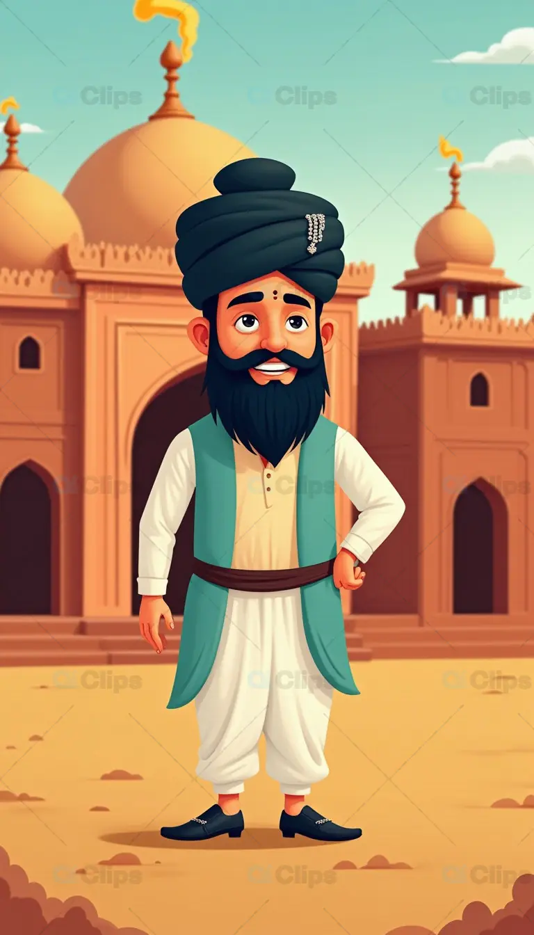 Cartoon Man in Traditional Attire with Mosque Background