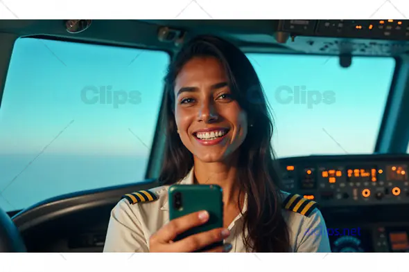 Female Pilot Smiling in Cockpit with Smartphone