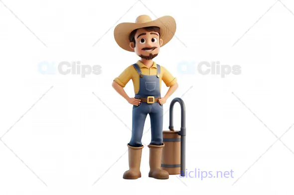 3D Cartoon Farmer with Water Pump